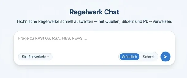 Start RAGelwerk Chat: Frage zu technischen Regelwerken eingeben